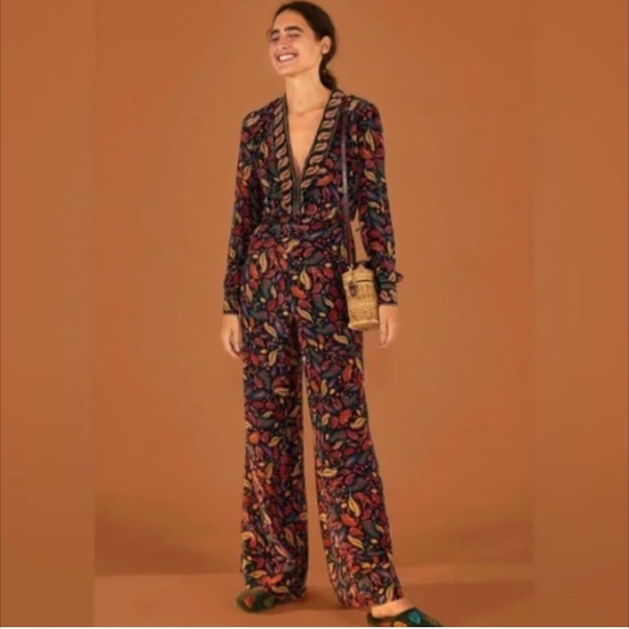 NWT Farm Rio Black Mini Pineapple Straight Wide Leg Multicolor Jumpsuit Small - Picture 1 of 5